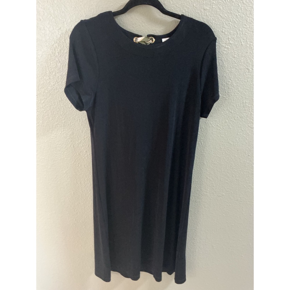 Chico's Shift Dress Womens 2 L Black Excellent Scarf Tie Back Short Sleeve